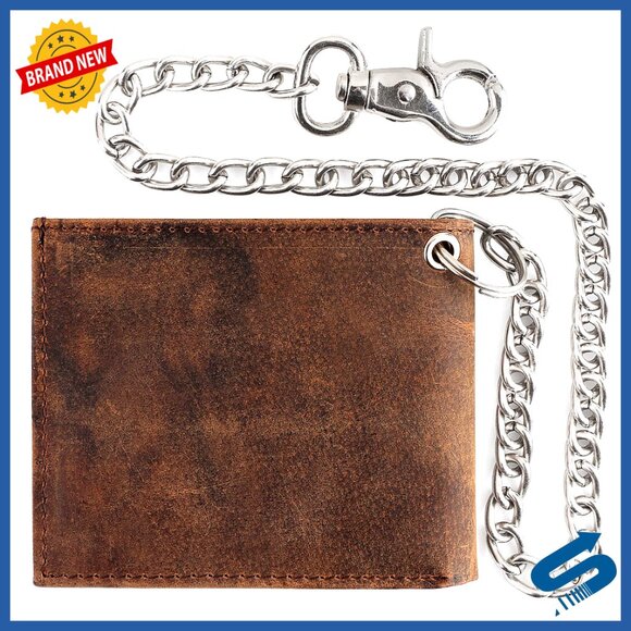 RFID Blocking Bi-fold Leather Wallet with Steel Chain 8 Card Slots